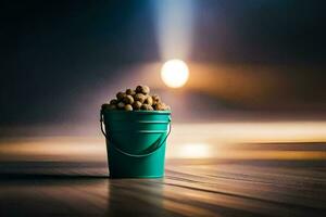 a bucket filled with nuts on a wooden floor. AI-Generated photo