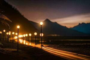 un largo línea de calle luces en un playa a noche. generado por ai foto