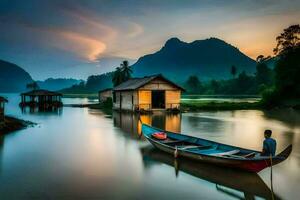 a man is sitting on a boat in the water at sunset. AI-Generated photo