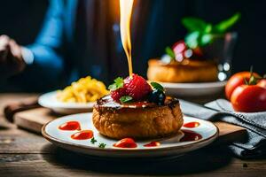 a man is holding a torch over a dessert. AI-Generated photo