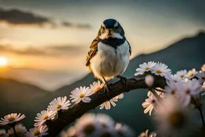 a bird perched on a branch with flowers in the background. AI-Generated photo