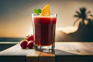 a glass of juice with strawberries and a peach. AI-Generated photo