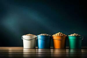 four buckets of different colored beans on a table. AI-Generated photo