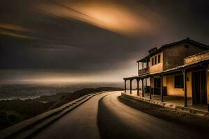 un largo exposición foto de un casa en un colina. generado por ai