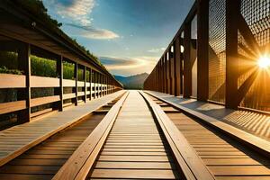 a wooden bridge with the sun setting behind it. AI-Generated photo