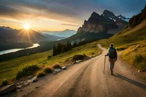 a man with a backpack walks down a dirt road in the mountains. AI-Generated photo