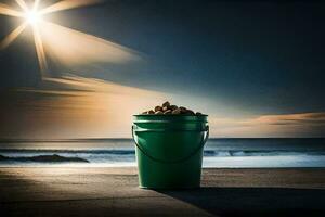 a bucket of sand sits on the beach. AI-Generated photo