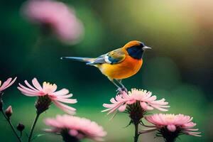a colorful bird is perched on some pink flowers. AI-Generated photo