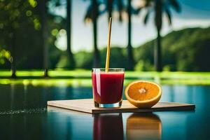 a glass of juice with a straw sitting on a table next to a pool. AI-Generated photo