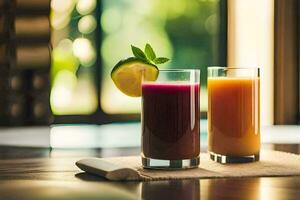 two glasses of juice with a slice of lime on the table. AI-Generated photo