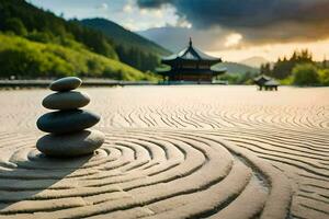 a zen garden in the sand. AI-Generated photo