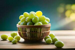 verde uvas en un cesta en un de madera mesa. generado por ai foto