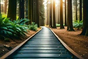 a wooden path in the middle of a forest. AI-Generated photo