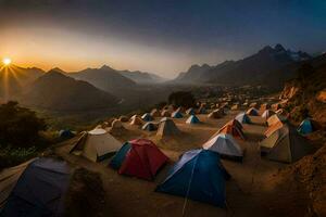 a group of tents set up on a mountain at sunset. AI-Generated photo