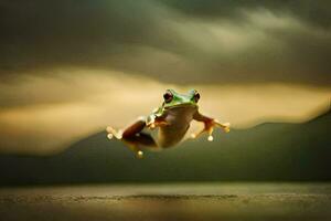 a frog jumping in the air with a cloudy sky. AI-Generated photo