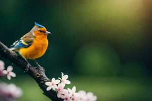 a bird sitting on a branch with flowers in the background. AI-Generated photo