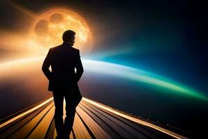 a man in a suit stands on a bridge looking at the moon. AI-Generated photo