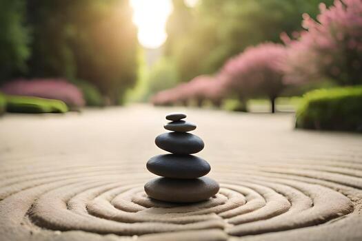 a stack of stones in a circular pattern on a path. AI-Generated photo