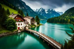 a house sits on a wooden bridge over a lake. AI-Generated photo