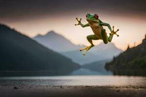 a frog jumping in the air with mountains in the background. AI-Generated photo