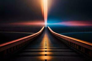 a long bridge with a light shining on it. AI-Generated photo