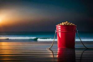 a red bucket with peanuts on the beach at sunset. AI-Generated photo