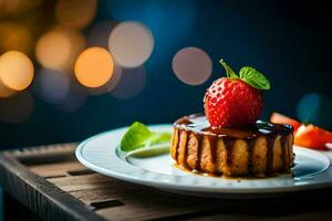 un postre con fresas y un Cereza en un lámina. generado por ai foto