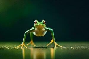 a frog with long legs standing on the ground. AI-Generated photo