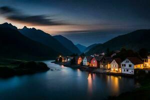 foto fondo de pantalla el cielo, montañas, agua, casas, Noruega, el aldea, el río. generado por ai