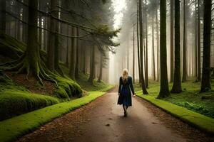 un mujer caminando abajo un camino en el medio de un bosque. generado por ai foto