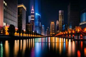 a city at night with lights reflecting off the water. AI-Generated photo