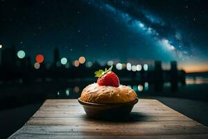 the strawberry is on top of the cake, and the city is in the background. AI-Generated photo