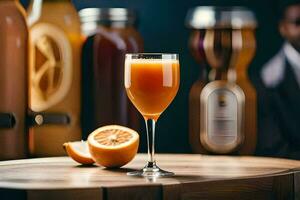 a glass of orange juice with a slice of orange. AI-Generated photo