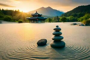 a zen garden in the mountains with rocks and water. AI-Generated photo