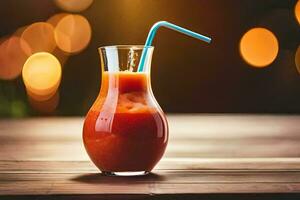 un vaso de tomate jugo con un paja. generado por ai foto