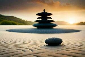 a stone sits on the sand in front of a pagoda. AI-Generated photo