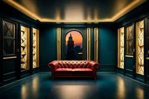 a red couch in a room with blue walls and gold trim. AI-Generated photo