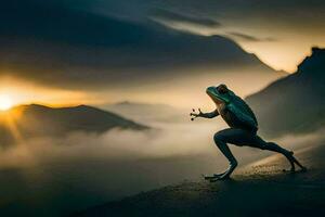 a frog is standing on a rock in front of the sun. AI-Generated photo