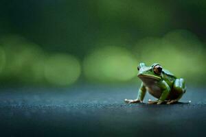 a frog sitting on the ground with a blurry background. AI-Generated photo
