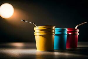 three colorful cups with straws on a dark table. AI-Generated photo