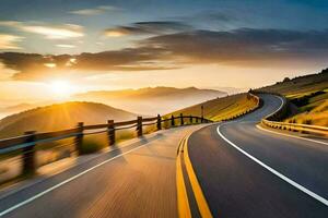 un la carretera con un puesta de sol en el antecedentes. generado por ai foto