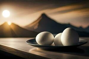 three eggs on a plate in front of mountains. AI-Generated photo