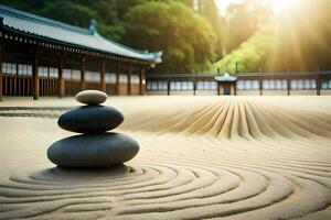 un zen jardín con piedras y un edificio en el antecedentes. generado por ai foto