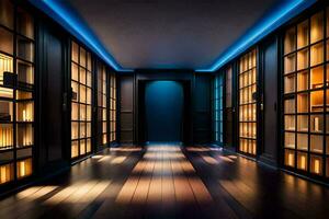 a hallway with wooden floors and lights. AI-Generated photo