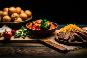 the food is on a wooden table with a wooden spoon and a wooden bowl. AI-Generated photo