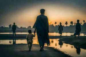 un familia camina a lo largo el río a puesta de sol. generado por ai foto