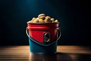 a bucket filled with nuts on a table. AI-Generated photo