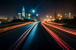 a long exposure photograph of a city skyline at night. AI-Generated photo