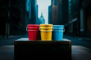 three colorful buckets sitting on a wooden table in front of a city. AI-Generated photo