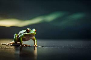 un rana sentado en un oscuro superficie con un borroso antecedentes. generado por ai foto